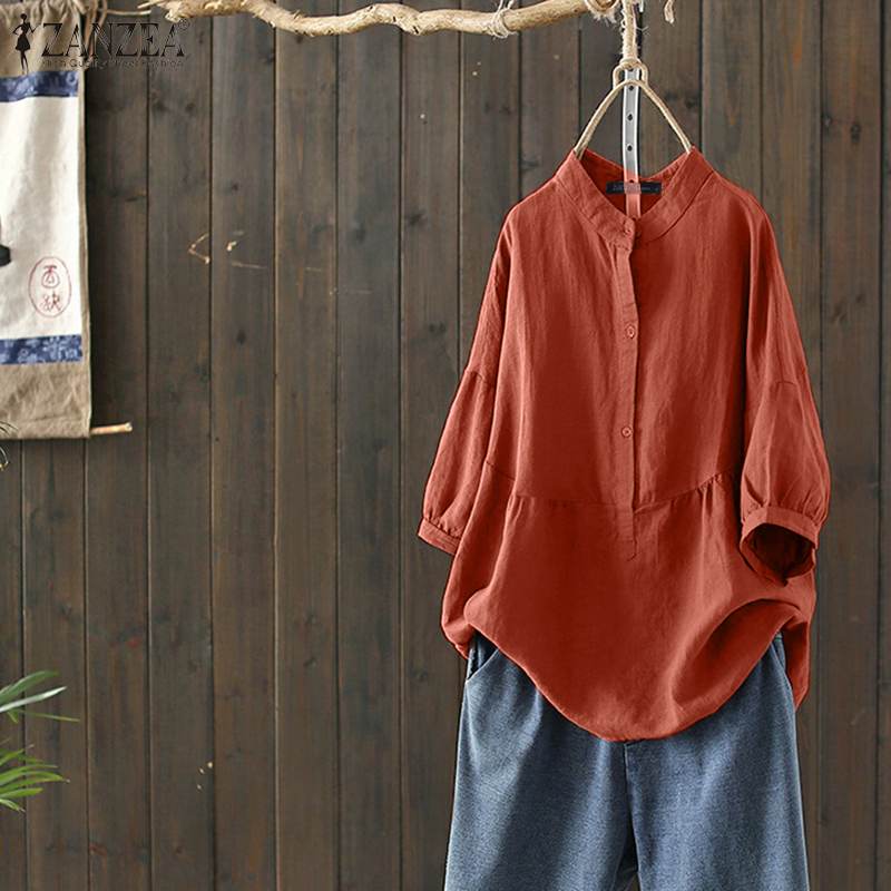 

ZANZEA Women Half Sleeve Solid Tops Summer Cotton Linen Blouse Female Vintage Buttons Blusas Femininas Loose Shirt Tunic Chemise, Black