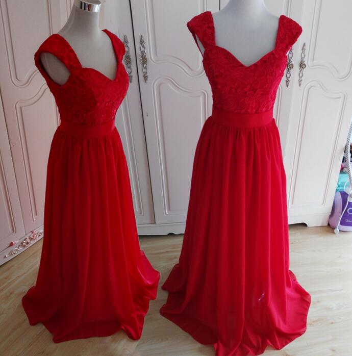 

New Arrival Two Shoulders Lace and Chiffon A-line Long Prom Pageant Bridesmaid Dresses, Red