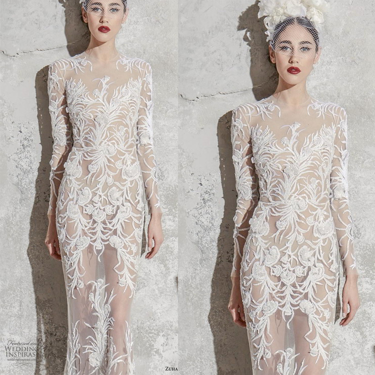 

Zuhair Murad Mermaid Wedding Dresses Sheer Jewel Neck Appliques Long Sleeve Bridal Gowns Illusion Floor Length Wedding Dress, Royal blue