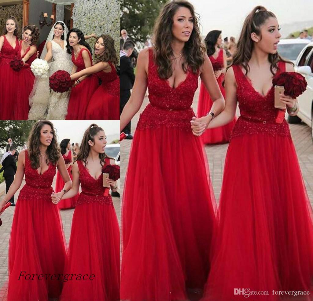 

2019 In Stock Red Long Bridesmaid Dress V Neck Summer Country Garden Wedding Party Guest Maid of Honor Gown Plus Size Custom Made