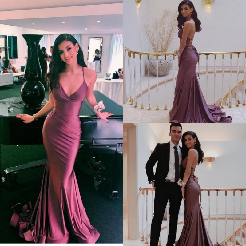 

2020 Sexy Spaghetti Mermaid Evening Dresses Satin Prom Dress Sweep Tarin Back Cross Bandage Special Occasion Dresses, Sage