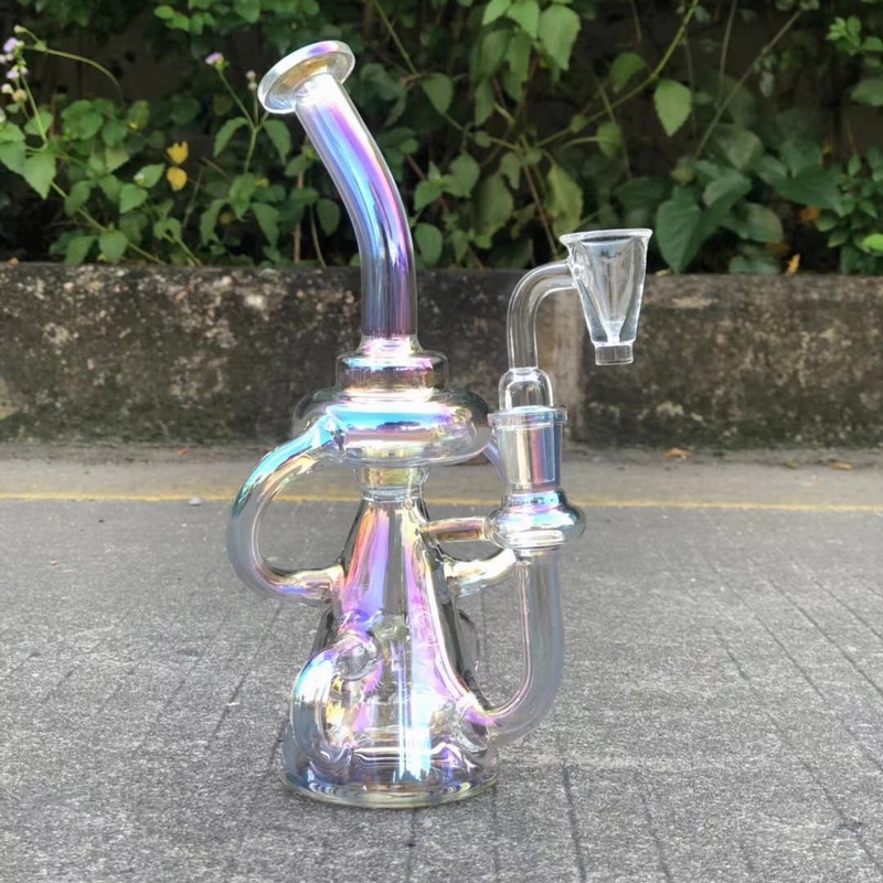 

shiny rainbow dab rig hookah glass water pipe smoking bong heady double klein recycler oil bubbler with quartz banger