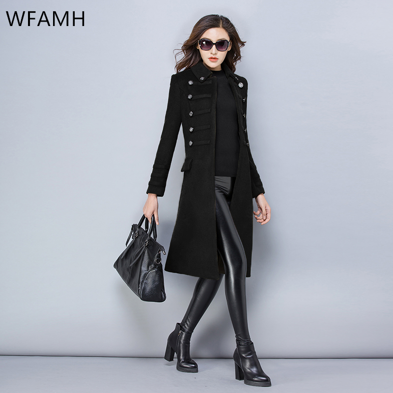 

spring New Turn Down Collar Slim Wool Coat Women Autumn Fashion Mid long High Quality Double Breasted Plus Size Female Outerwear, Black