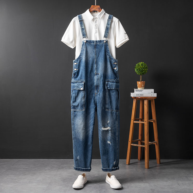 

The same paragraph denim overalls male retro straight tube hole tooling overalls male harem trousers, Blue