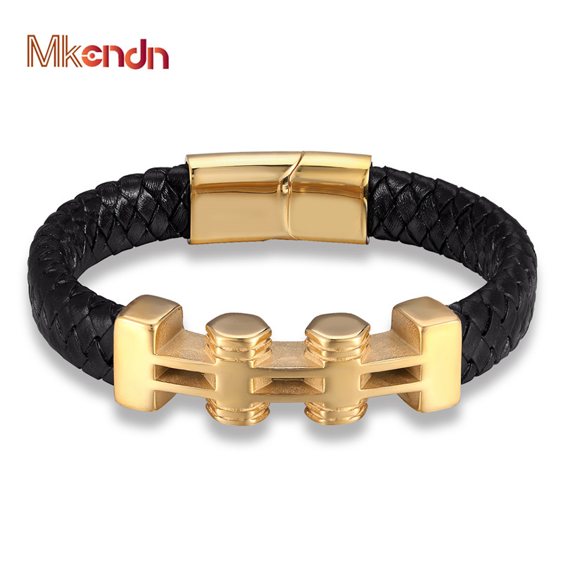 

MKENDN Punk Gold Geometric Pattern Stainless Steel Accessories Men's Leather Black Wrap Bracelet Bangle Handmade Gift Jewelry