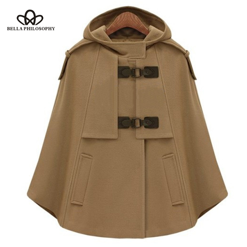 

Bella Philosophy Autunm Winter Hooded Single Breasted Women Coat Solid Wool A-Line Capes Coat Elegant Outerwear Office Jacket, Beige