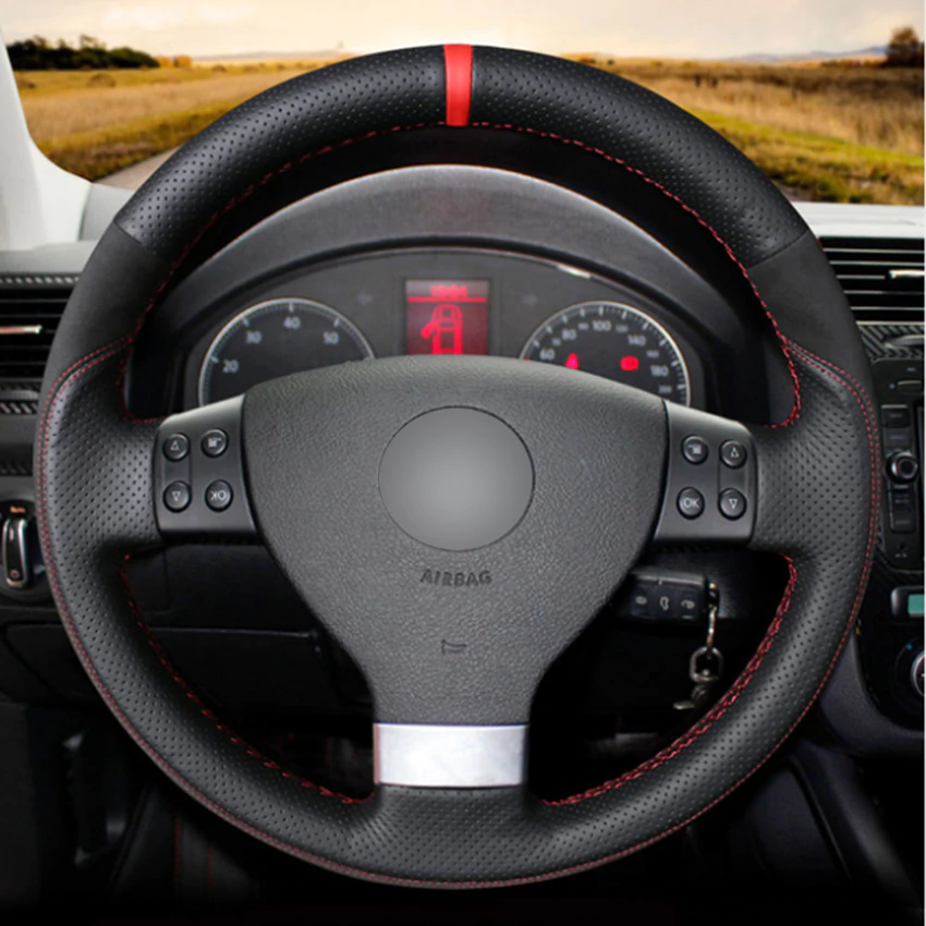 Black Natural Leather Black Suede Car Steering Wheel Cover for Volkswagen Golf 5 Mk5 VW Passat B6 Jetta 5 Mk5 Tiguan 2007-2011-image-440432704