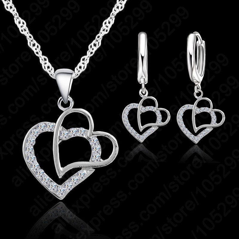 

New Arrival Double Heart 925 Jewelry Sets Austrian Crystal Set Women Pendant Jewelry Set For Women Wedding, As pic