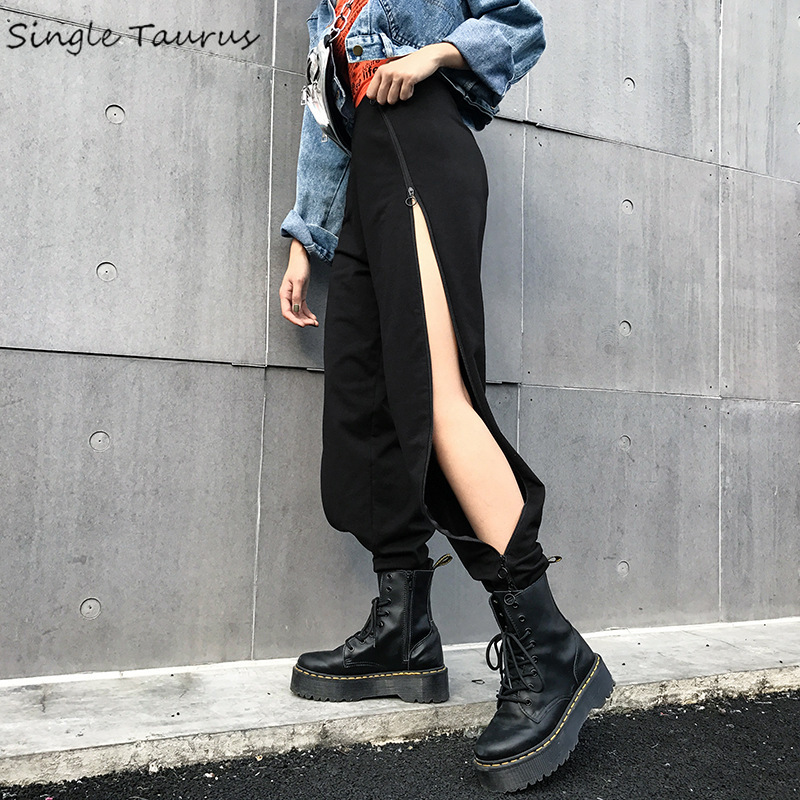 Hip Hop Black Streetwear Pants Women Side Fake Zippers Sexy Dance Sweatpants Loose Bifurcation Causal Joggers Women Clothes 2020