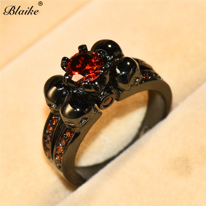 Blaike Female Red Zircon Cz Stone Skull Punk Ring Black Gold