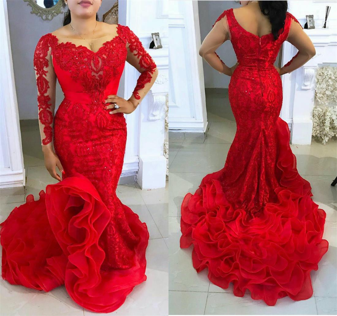 

Red Mermaid Prom Dresses Scoop Neck Lace Appliqued Long Sleeve Evening Dress Ruffles Formal Party Gowns Robes De Soirée, Yellow
