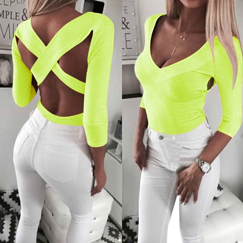 

New Summer Neon Color T Shirt Women Sexy Hollow Out Backless Criss Cross V-neck Tshirt Fashion Tops Tee Femme Plus Size SJ1755V, Black