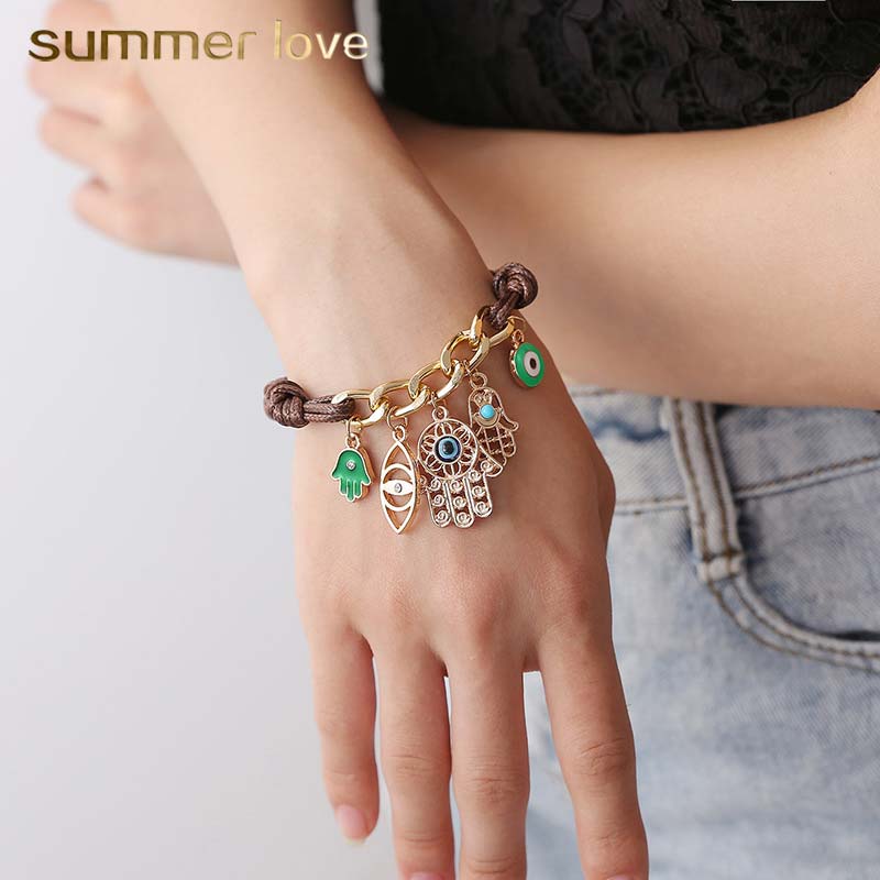 

Handmade adjustable size multilayer leather hamsa hand evil lucky eye charm bracelet for women men vintage jewelry gift wholesale