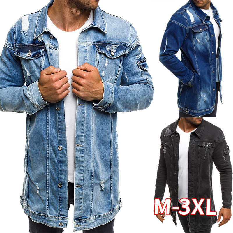 

Men Spring Jean Jacket Cowboy Coat High Quality Autumn Style Beggar Hole Denim Jacket Loose Thin Sleeve Cowboy XXXL, Black