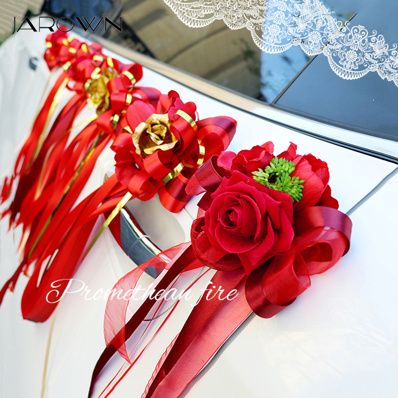 

JAROWN Festive Wedding Car Embellishment Decor Flower Gold Foil Rose Door Handle Rearview Mirror Decor Bow Wedding Decorative, B 18x43cm