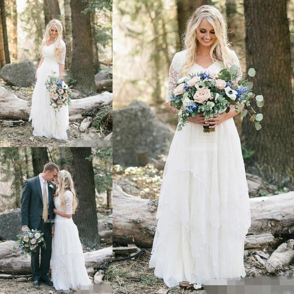 

Western Country Wedding Dresses Lace Chiffon Modest V Neck Half Sleeves Long Bohemian Bridal Gowns Plus Size Robe de mariée en dentelle, Champagne