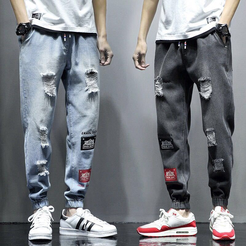 

2020 New Summer Hole Jeans Slim Feet Harem Pants Men' Cropped Ankle Pants, Black