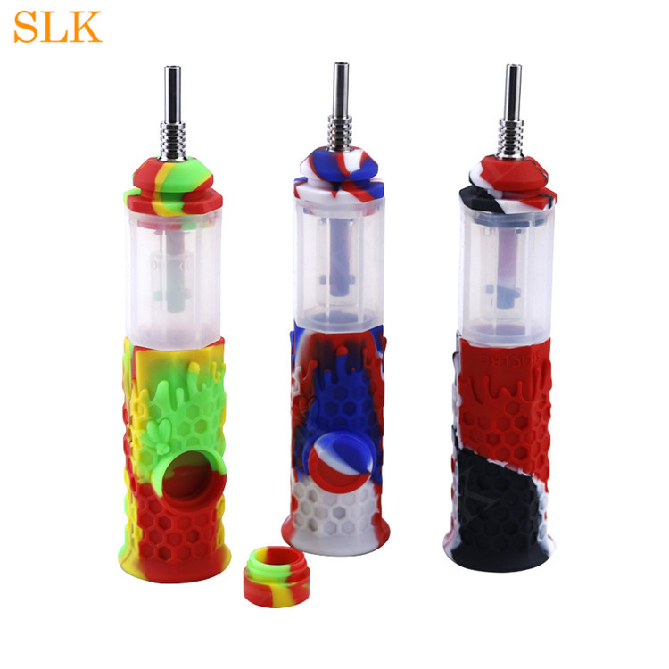 

new removable multifunction octagonal smoking pipe glass oil burner pipe with silicone box and Titanium nail dab rig silicone bong