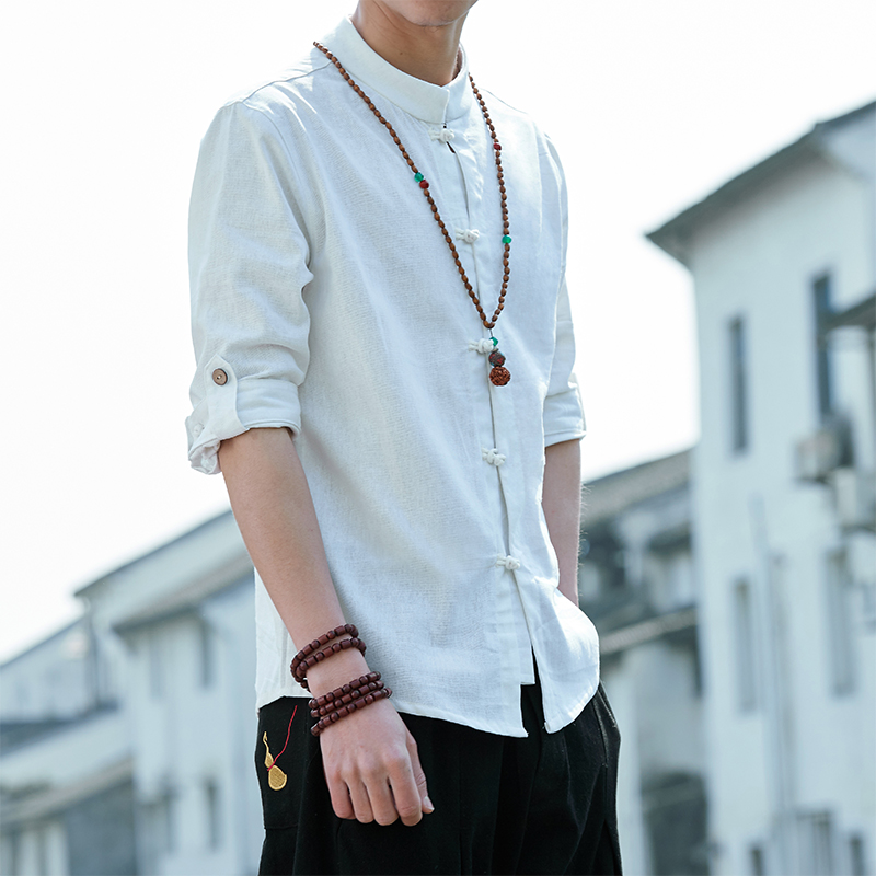 

Chinese style spring summer men large size seven-point sleeves buckle linen shirt stand collar ethnic shirt men's, Black