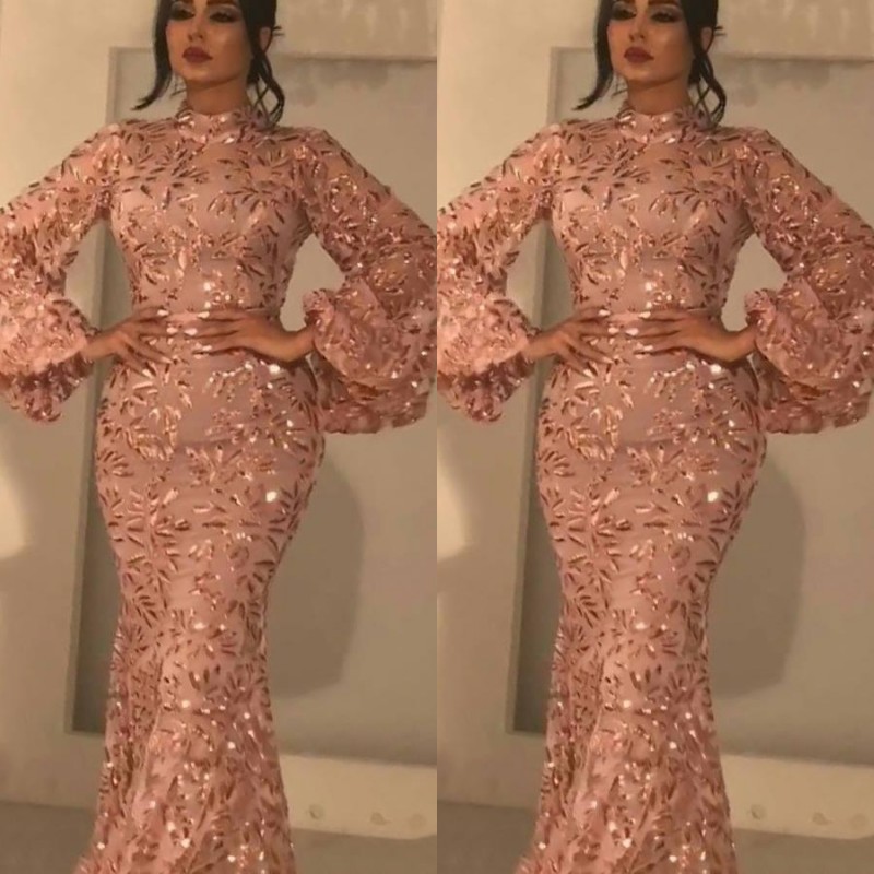 

Arabic New Dubai High Neck Mermaid Evening Dresses Lace Poet Long Sleeves Sequin Elegant Formal Prom Party Gowns Robe De Soiree, Champagne