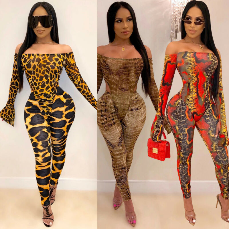 

2020 Spring Fashion Women Jumpsuit Office Lady Leopard Print off Shoulder Sexy Bell Long Sleeve Bodycon Streetwear Body Clothes