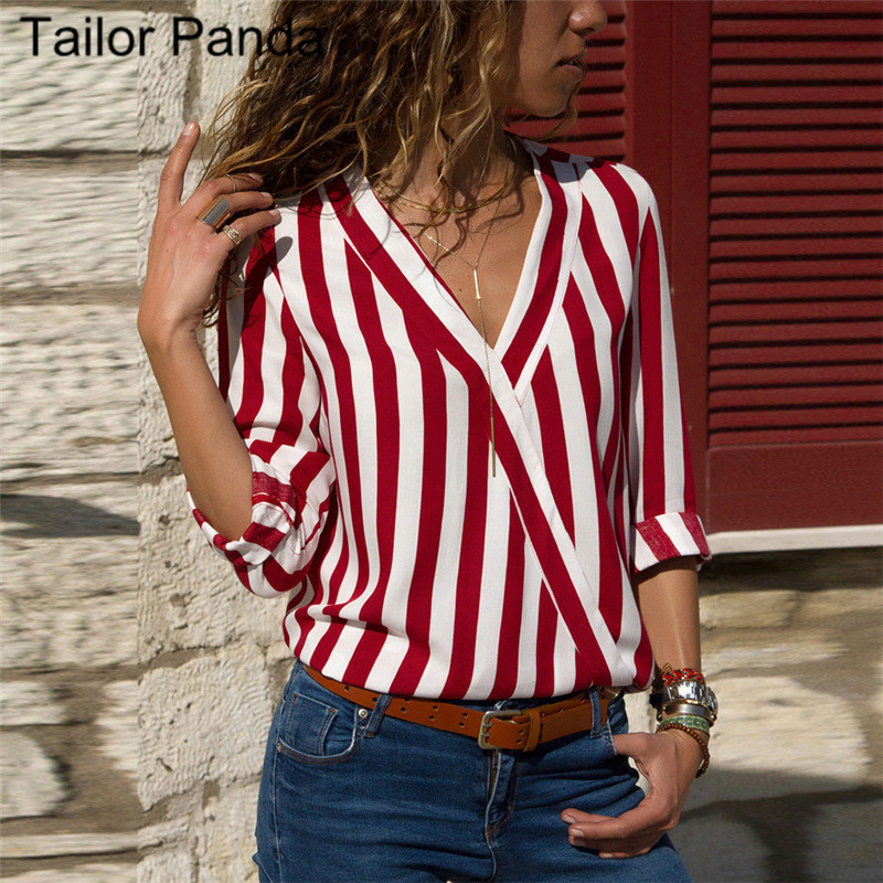 

women clothing Striped white blouse long sleeve shirts V-Neck Chiffon loose Full blouses 2020 summer new black blue red 3xl
