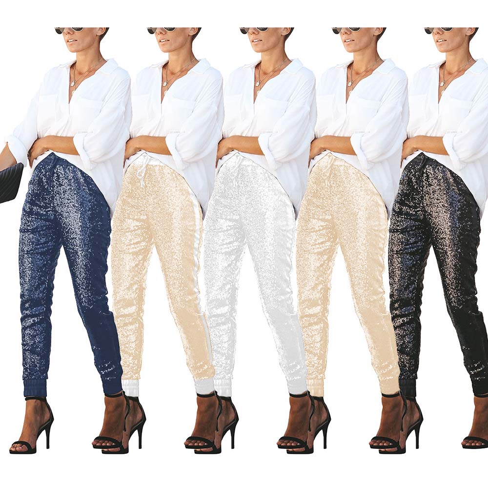 

Sequins Pants Women Belt Capri Pants High Waisted Trousers Women F0655 Elastic PU and Elastic Sequins Cloth, Black