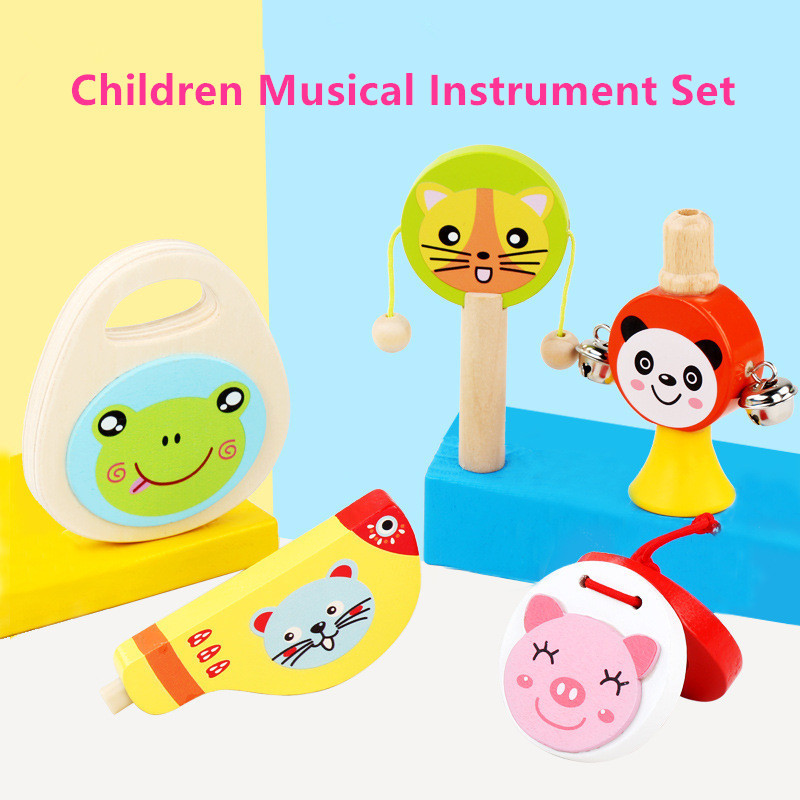 

5 Pcs/Set Baby Cartoon Wooden Musical Instrument Toys Rattle Drum Whistle Sand Board Horn Clapper Early Education Toy Kids Gifts