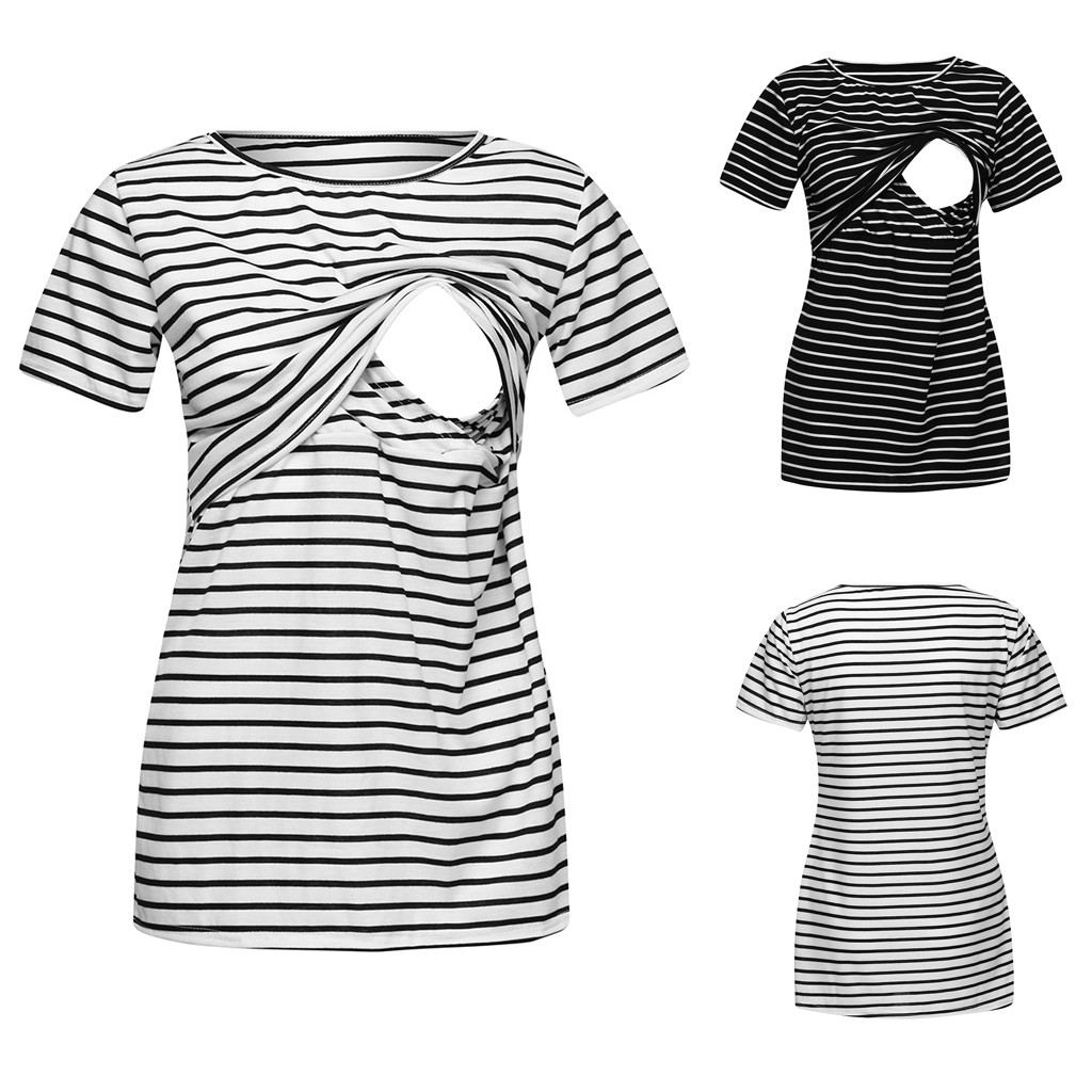 

Women Maternity Mom Tops Nursing Striped Short T-shirt Pregnancy Clothes Breastfeeding Tops Ropa Maternidad Maternity Clothes, Black