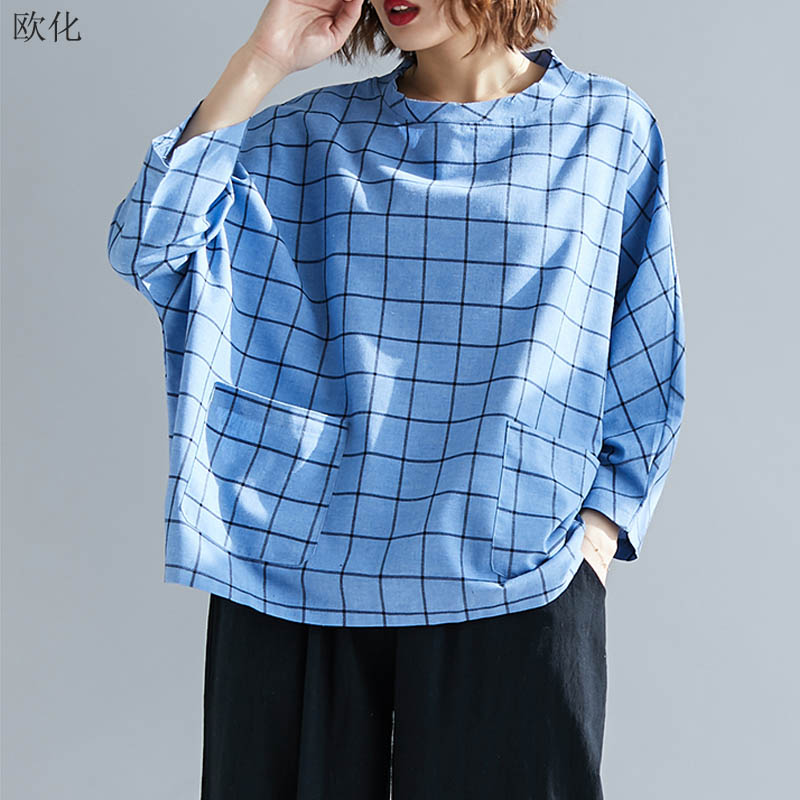 

Long Sleeve Women Blouse Shirt Plus Size Spring Print Plaid Pockets Oversize Womens Tops And Blouses Ladies Tunic Tops 4XL 2020, Blue