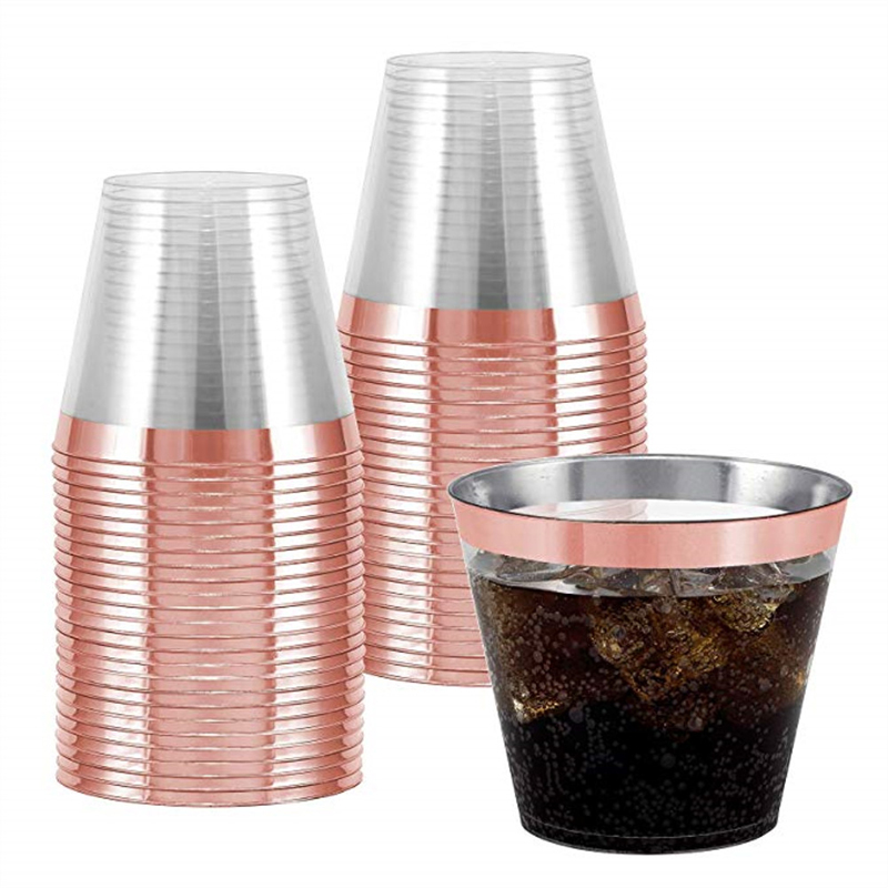 

Rose Gold Plastic Cups ~ 9 Oz Clear Plastic Cups Old Fashioned Tumblers ~ Rose Gold Rimmed Cups Fancy Disposable Wedding Birthday Cup
