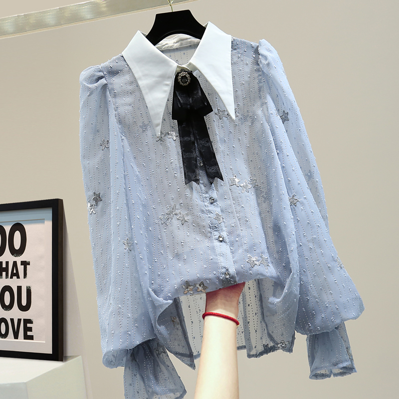 

2020 Summer Blouse Woman' Loose Sequined Striped Blouse Fashion Temperament Perspective Bow Lapel Chiffon Shirt Blusas Femme, Blue