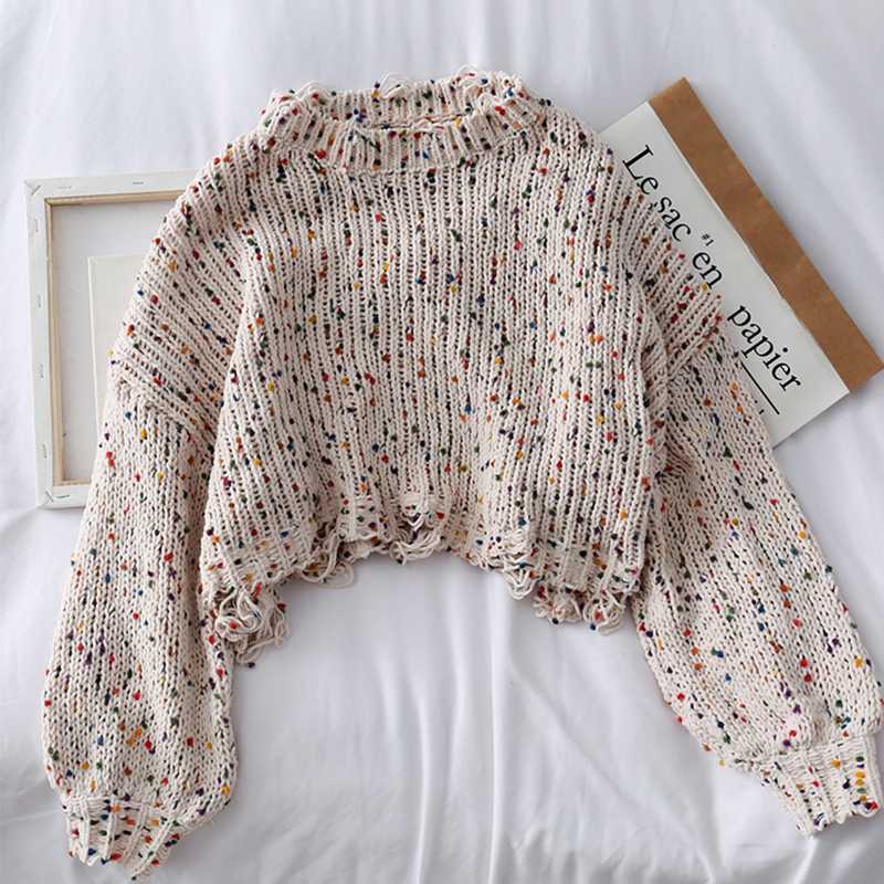 

Spring Fashion Women Sweater Long Sleeve Top Female Pullover Hole Knitted Sweater Femme Loose Streetwear, Beige