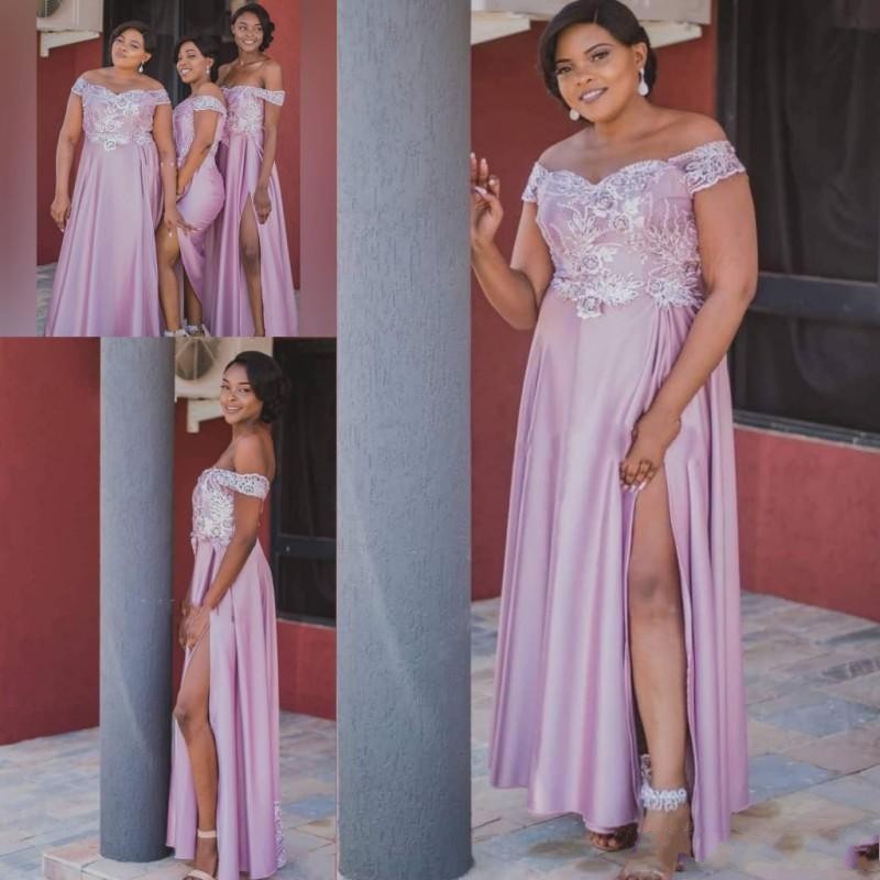 

African Plus Size Bridesmaid Dresses Cheap Side Split Lace Appliques Beads Off The Shoulder Wedding Guest Gowns Country Maid Of Honor Dress