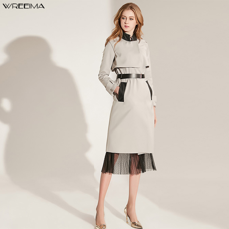 

wreeima gray women stand collar elegant long trench coat autumn fashion PU leather patchwork slim windbreaker for office ladies