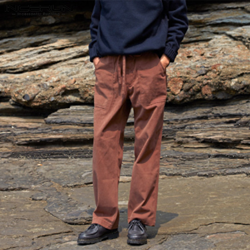 

INCERUN Men Casual Pants Joggers Solid Retro Baggy Drawstring Cotton Trousers Men 2019 Streetwear Leisure Harajuku Workout Pants, Rust pants