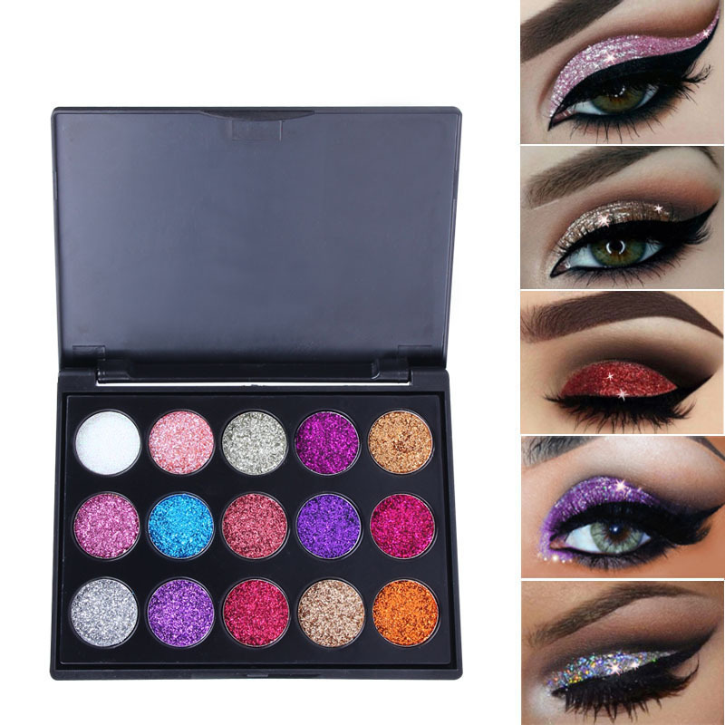 

CmaaDu 15 Color Glitter Eye Shadows Diamond Sequins Shiny Eyeshadow Palette Branded Shining Eyes Makeup Pallets, Mixed color