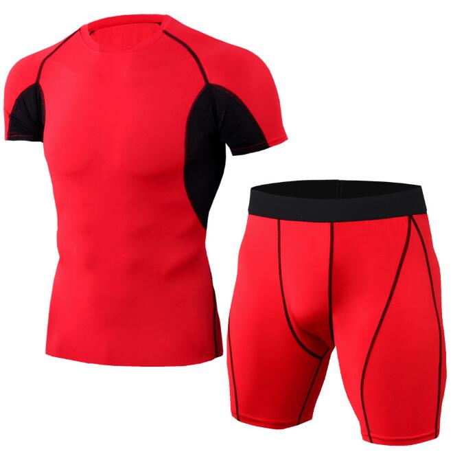 

Men Gym Short Sleeve TrackSuit Train Stretch Sport T Shirt Suit Set Trousers Pants Elastic Waist track suit 13 colors, Color 9