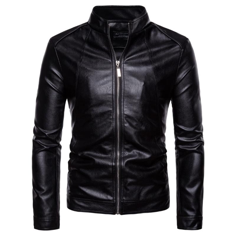 

New Spring and Autumn Stand-up Collar Motorcycle Leather Jacket Washable PU Side Seam Pocket Mens Leather Jacket, Black
