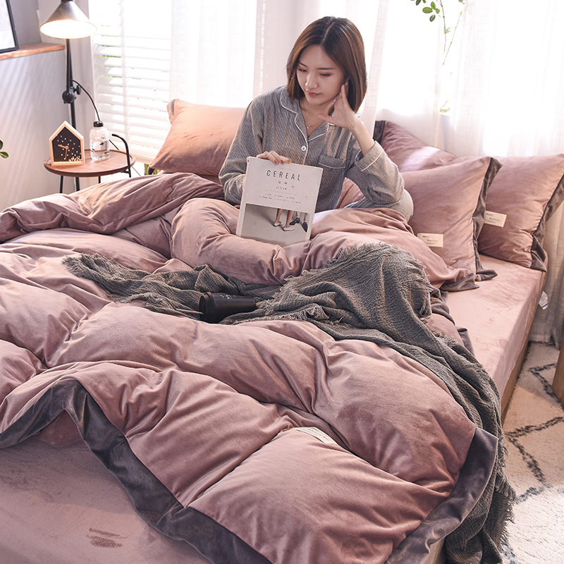 

FB1901008 Winter coral velvet bed linens four-piece flannel fleece bedsheet double-sided velvet duvet cover AB size velvet thickened, Yellow