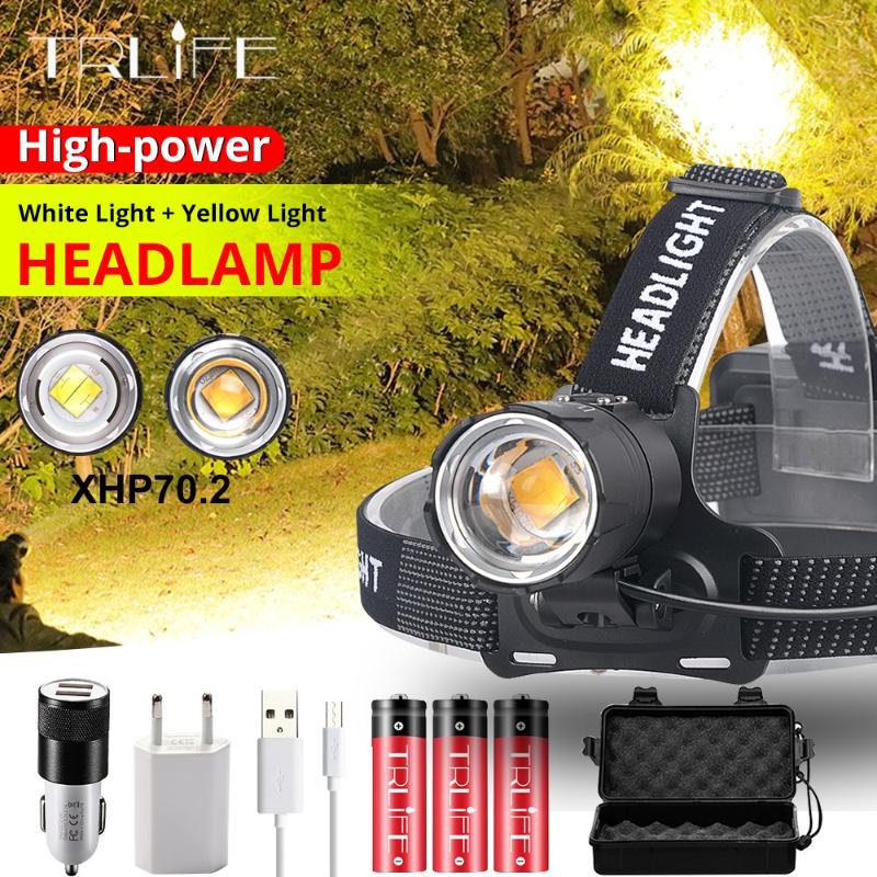 

Super Bright Led XHP70.2 Yellow White Headlight Headlamp USB Rechargeable Head Torches XHP Lantern Use 3*18650 battery for Fish