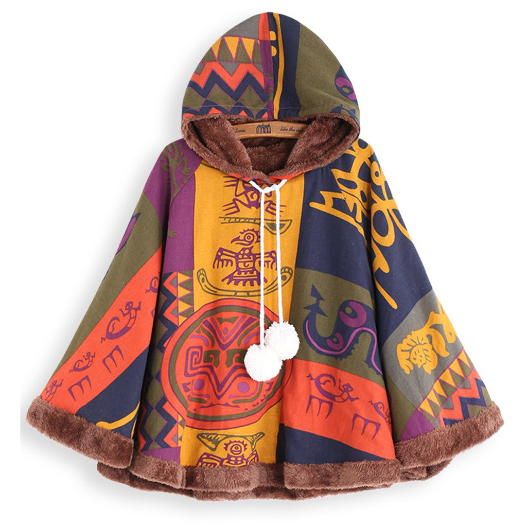 

FREE OSTRICH Winter Coat Women Warm Vintage Print Ethnic Jacket Femmes Hooded Outerwear Drawstring Pom Poncho Coat, White