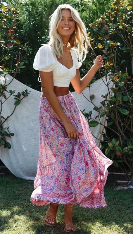 

2020 New Fashion Women Floral Printed Vintage High Waist Beach Skirts Joker Skinny Long Skirts, As pic