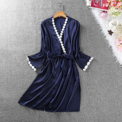 

Women Silk Sleepwear Robe Sexy Night Robes Long Sleeve Lace Dressing Gown Bride Bridesmaid Kimono Robe Bathrobe Female Nightwear, Gray