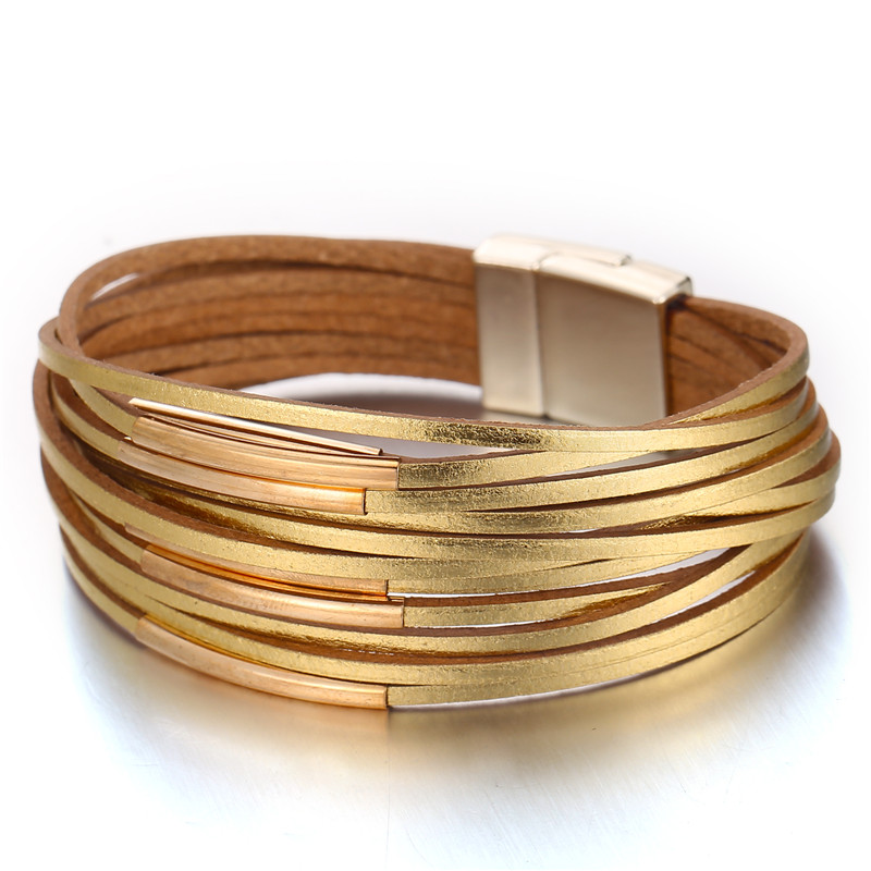 

2020 New Gold Leather Wrap Bracelets For Women Red Sliver Color Multiple Layers Charm Bracelet & Bangle Party Fashion Jewelry