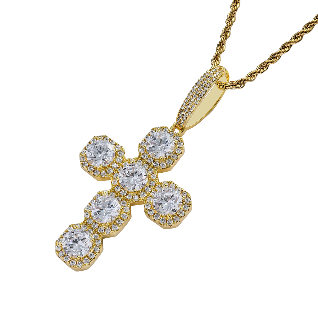 

18K Gold Plated Soild Cross Pendant Hip Hop Necklace, Cubic Zirconia Christmas Pendant Jewelry Xmas Choker Necklace, Women Men Party Jewelry