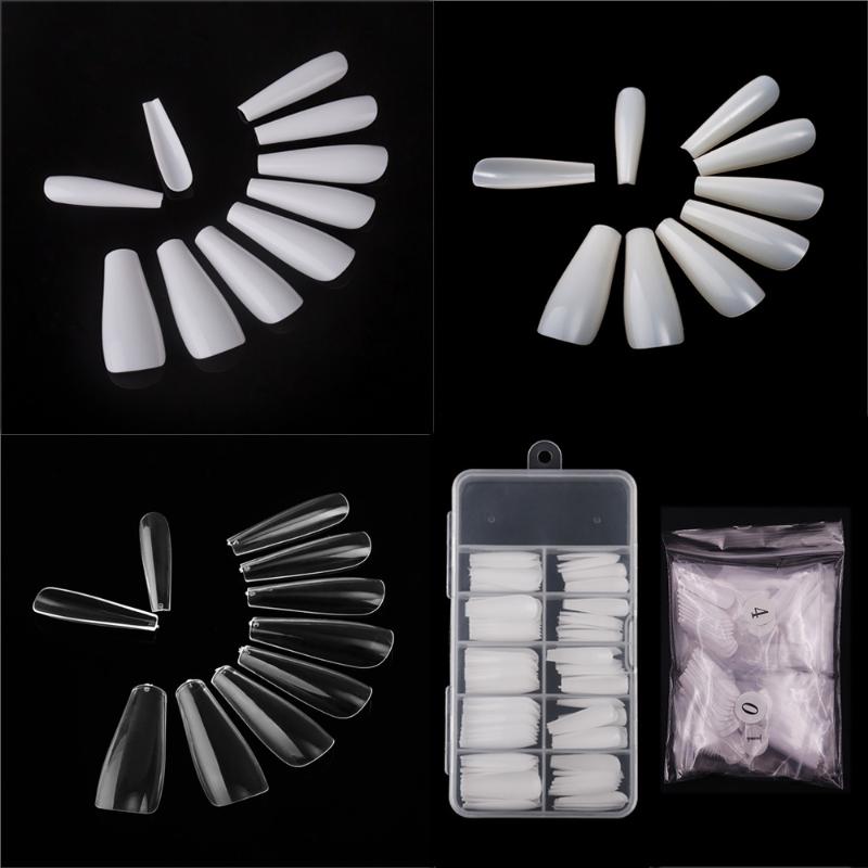 

100 Pcs/lot White Clear Natural Full Cover Long Ballerina Acrylic Press On Fake Nails Professional False Nails DIY Salon Tools, Natural bagged