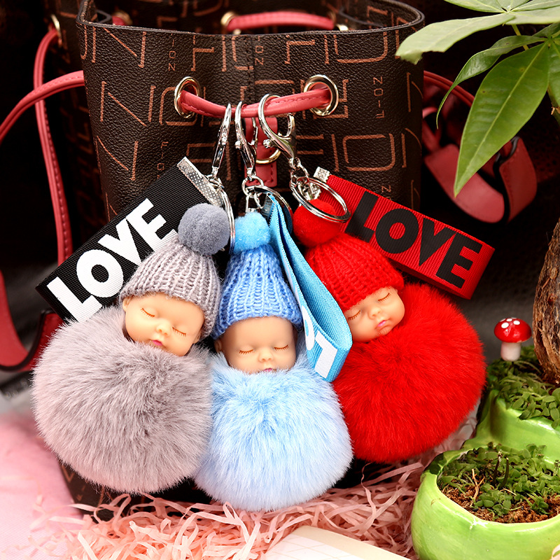 

Cute Keychains Keyring Sleeping Baby Doll Pompom Rabbit Fur Ball Carabiner Key Chains Women Kids Key Holder Love Bag Pendant Key Rings Gifts