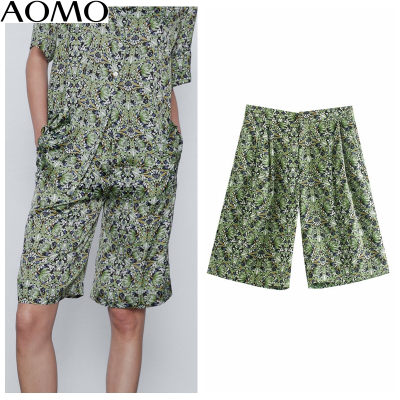 

AOMO 2020 women print casual loose shorts 2020 summer ladies korea fashion casual shorts JE53A, Green