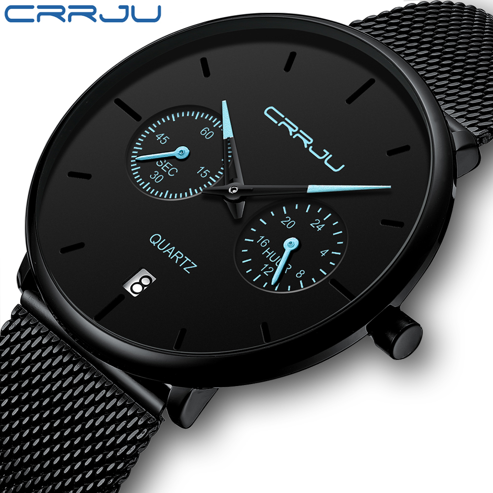 

Mens Watches CRRJU Full Steel Casual Waterproof Watch for Man Sport Quartz Watch Men's Dress Calendar Watch Relogio Masculino LY191226, Black blue